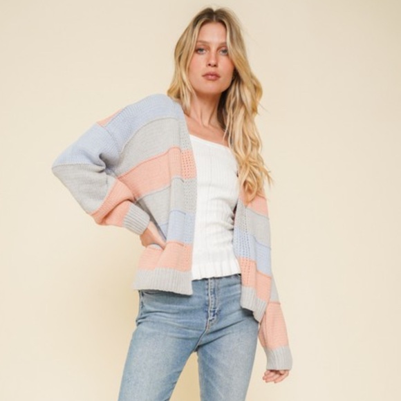 Hem & Thread Sweaters - 703. Hem & Thread Open Cardigan Sweater Color Block Stripe Cotton Blend New Item